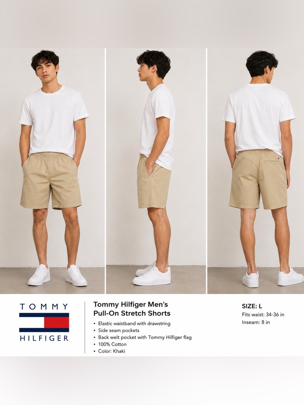 Tommy Hilfiger Boys Khaki Pull-On Shorts Size L/G/G (16/18) Elastic Waist